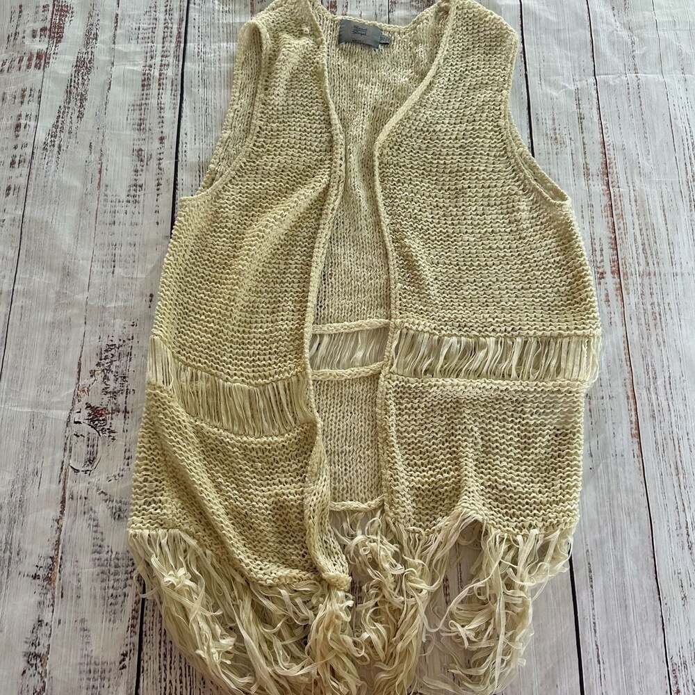 Sweet Sinful New York Women's Beige Sleeveless Open Knit Fringe Boho Vest Size X